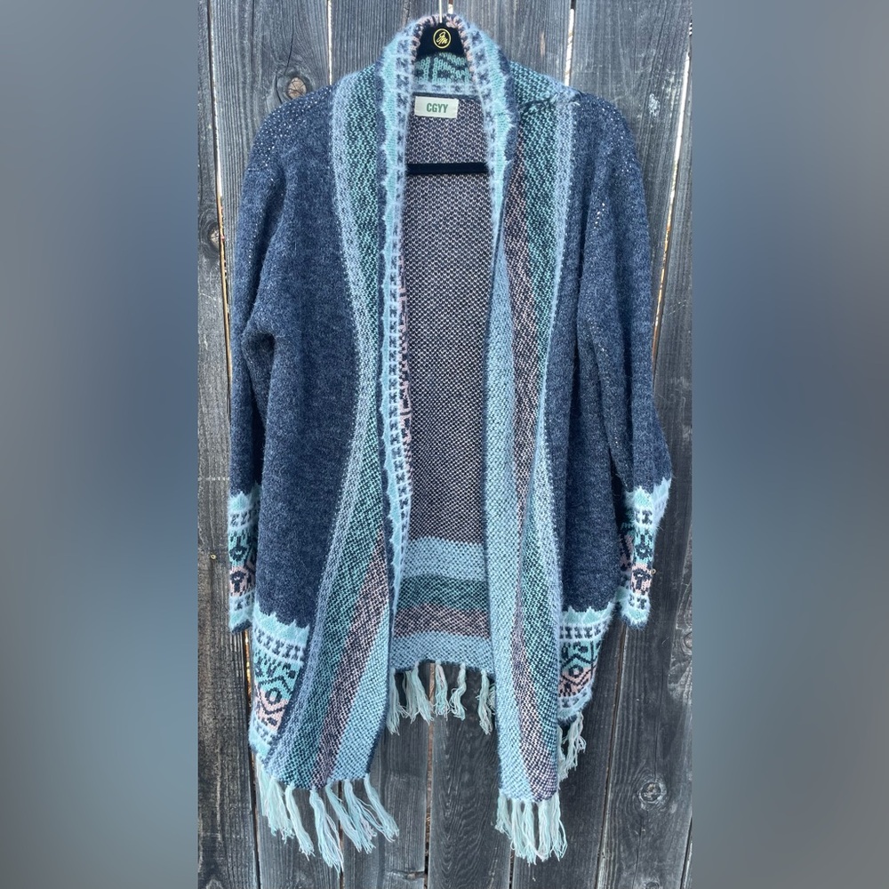 CGYY Women’s Open Front Grayish/Blue Boho Style Cardigan With Fringe. Size L